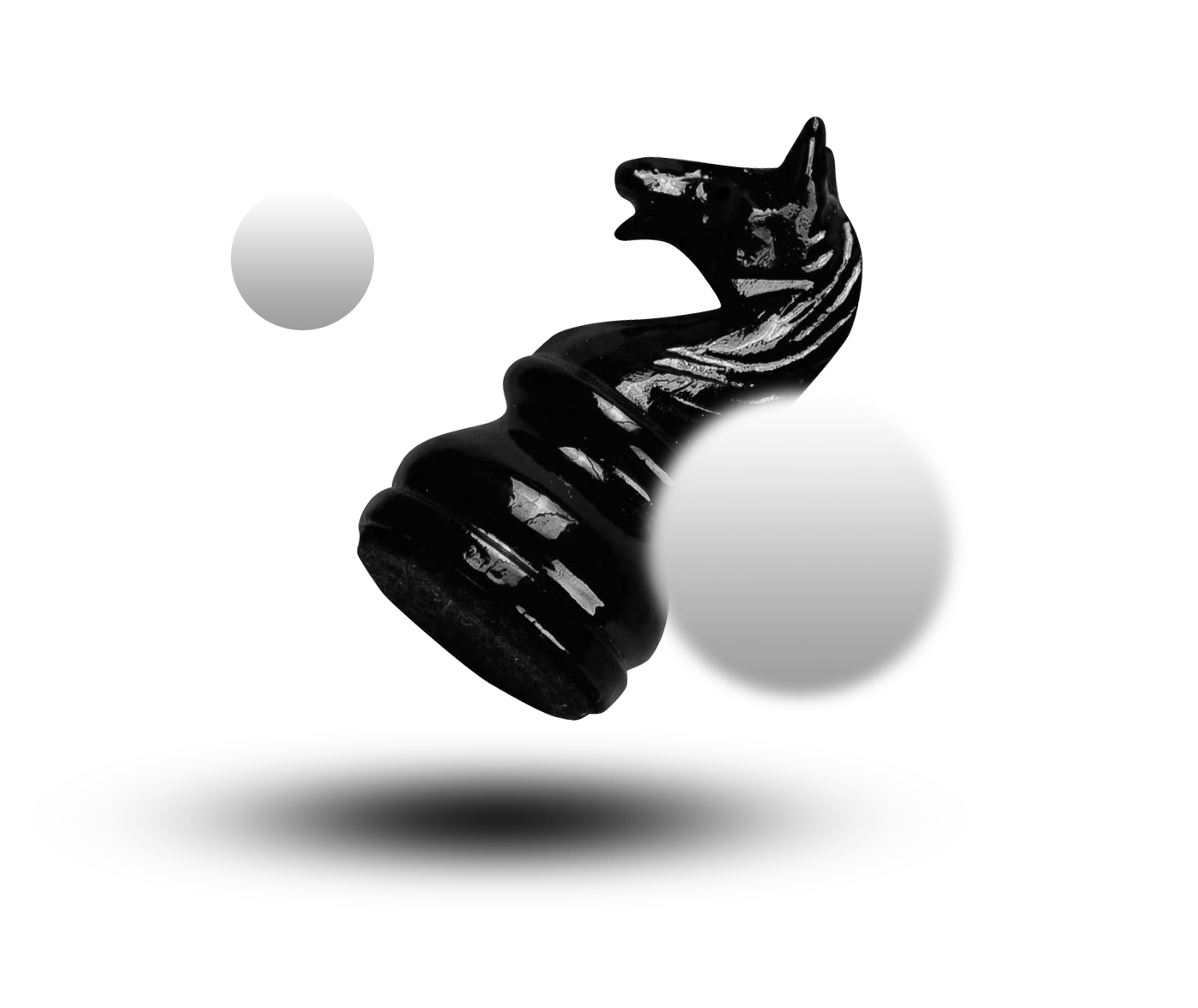 Eine schwarze Schachfigur und zwei schwebende weiße Kugeln.