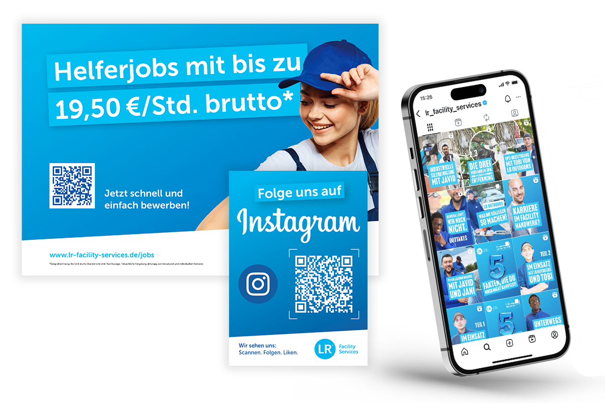 Eine Fotocollage aus einem LR-Banner, einem LR-Sticker und einem Smartphone mit Social-media-Content.
