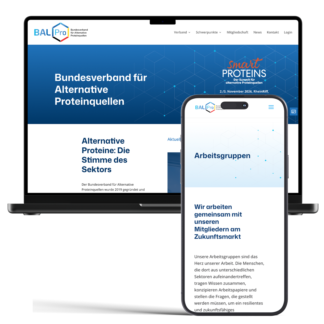 Ein Mockup eines Laptops und eines Smartphones. Auf den Screens sieht man die Starseite von BALPro und eine Unterseite.