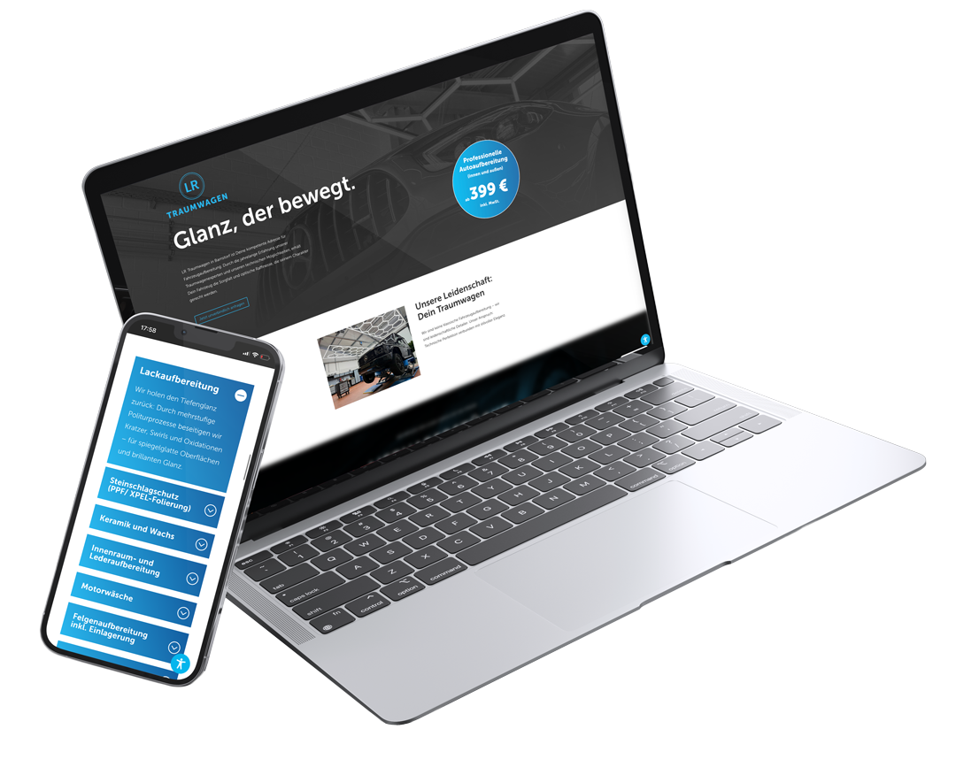 Mockup eines Laptops und eines Smartphones. Auf den Screens ist jeweils die Website von LR Traumwagen zu sehen.