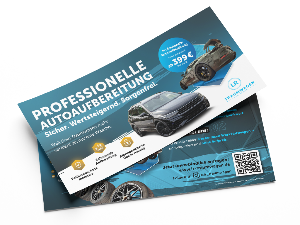 Werbeflyer von LR Traumwagen für professionelle Autoaufbereitung ab 399 Euro mit Informationen zu Vollkaskoschutz, Schonender Aufbereitung und QR-Code.