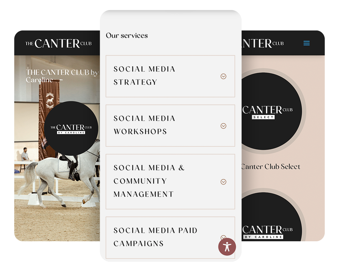 Drei mobile Screens mit Inhalten der Website von The Canter Club.