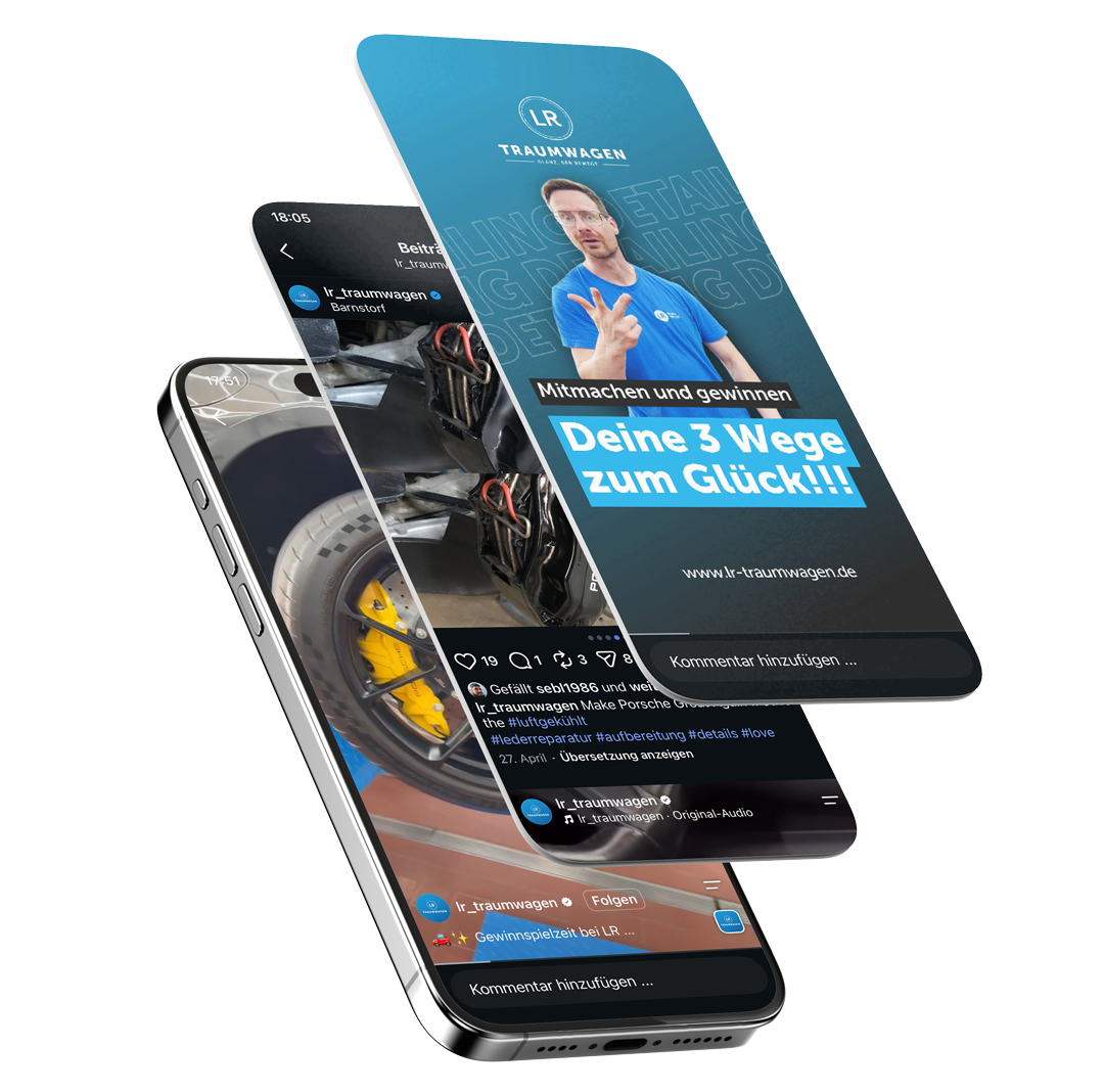 Drei Mobile-Screens auf denen Content von LR Traumwagen zu sehen ist.