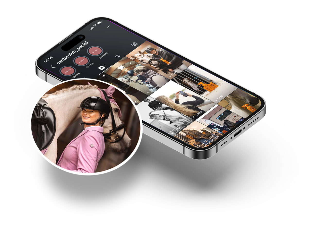 Ein Smartphone zeigt das Instagram-Profil von canterclub_social mit Beiträgen zum Thema Reitsport und Pferde, im Vordergrund ist das Profilbild einer Reiterin in Pink zu sehen.